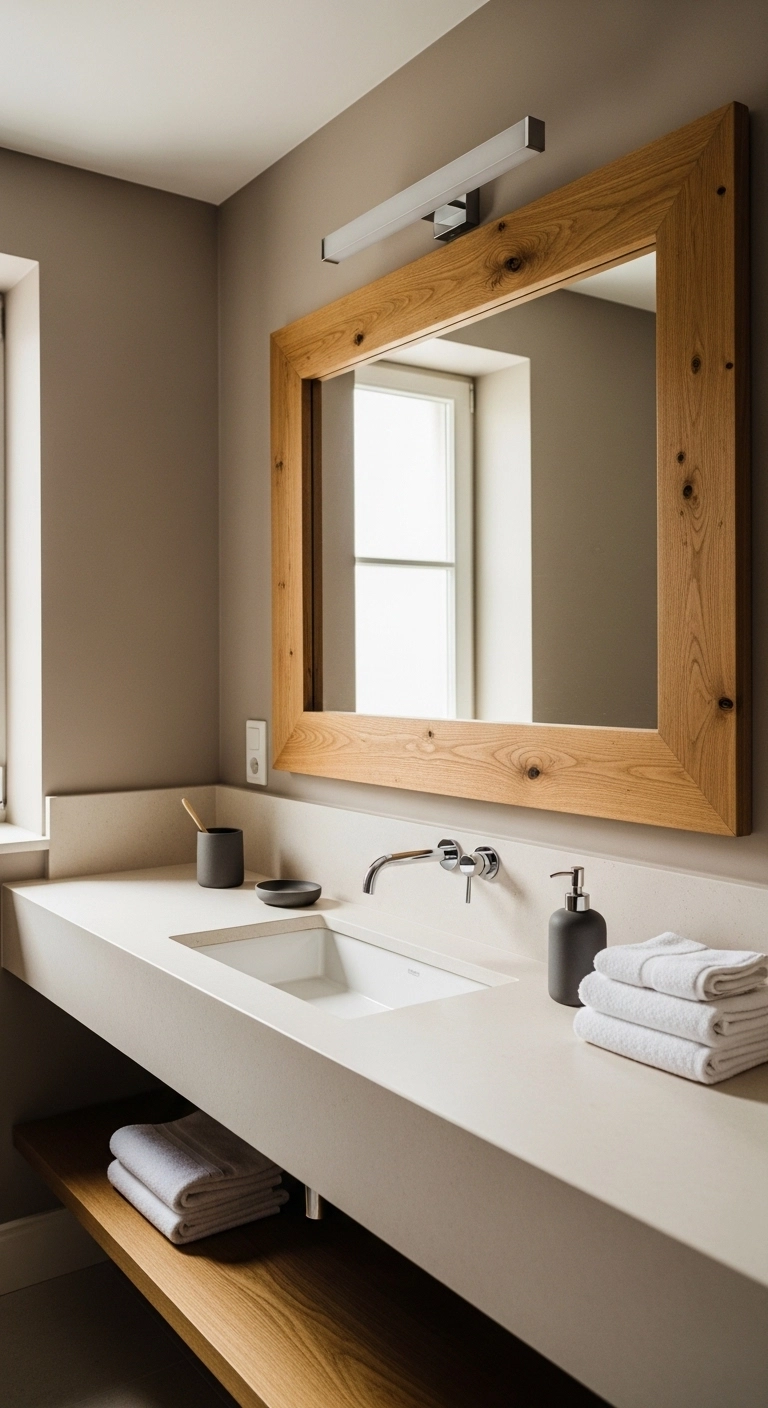 Bathroom mirror ideas with a warm wood framed mirror in a neutral bathroom