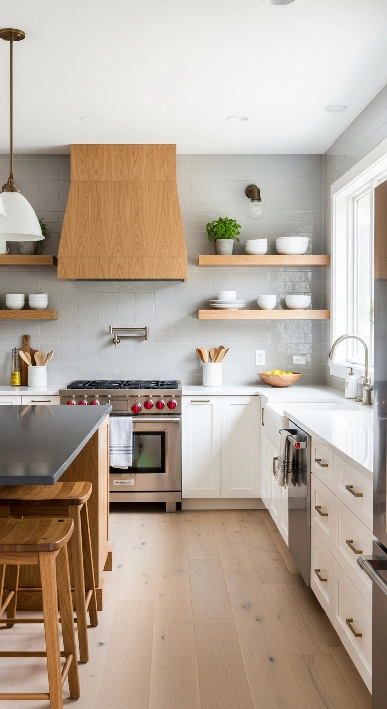 kitchen hood ideas with a warm wood hood in a modern kitchen