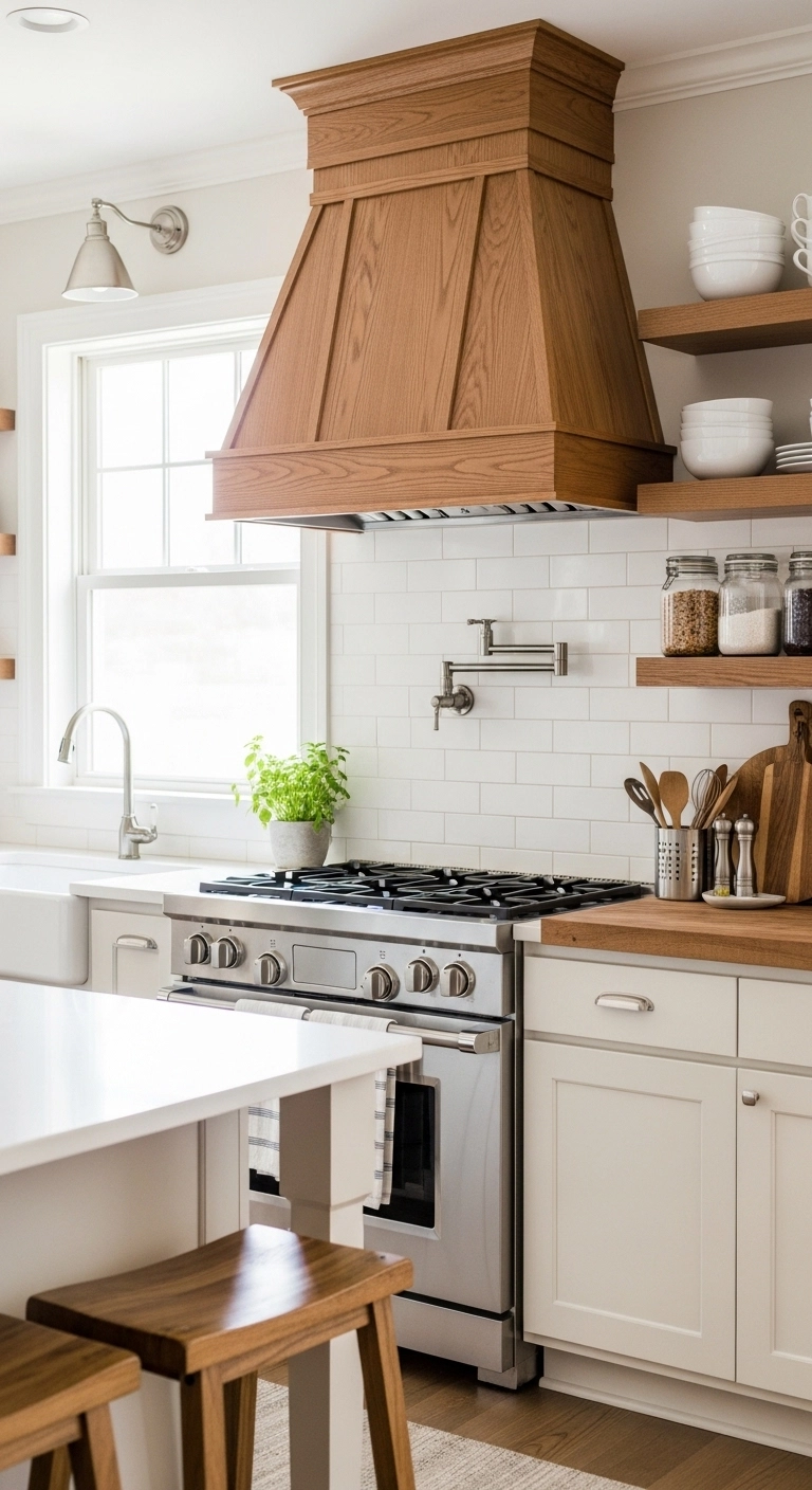 kitchen vent hood ideas with a warm wood hood in a white kitchen