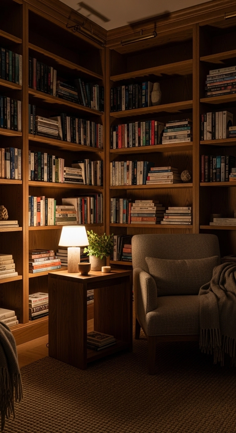 Library room ideas with warm wood shelves and natural textures