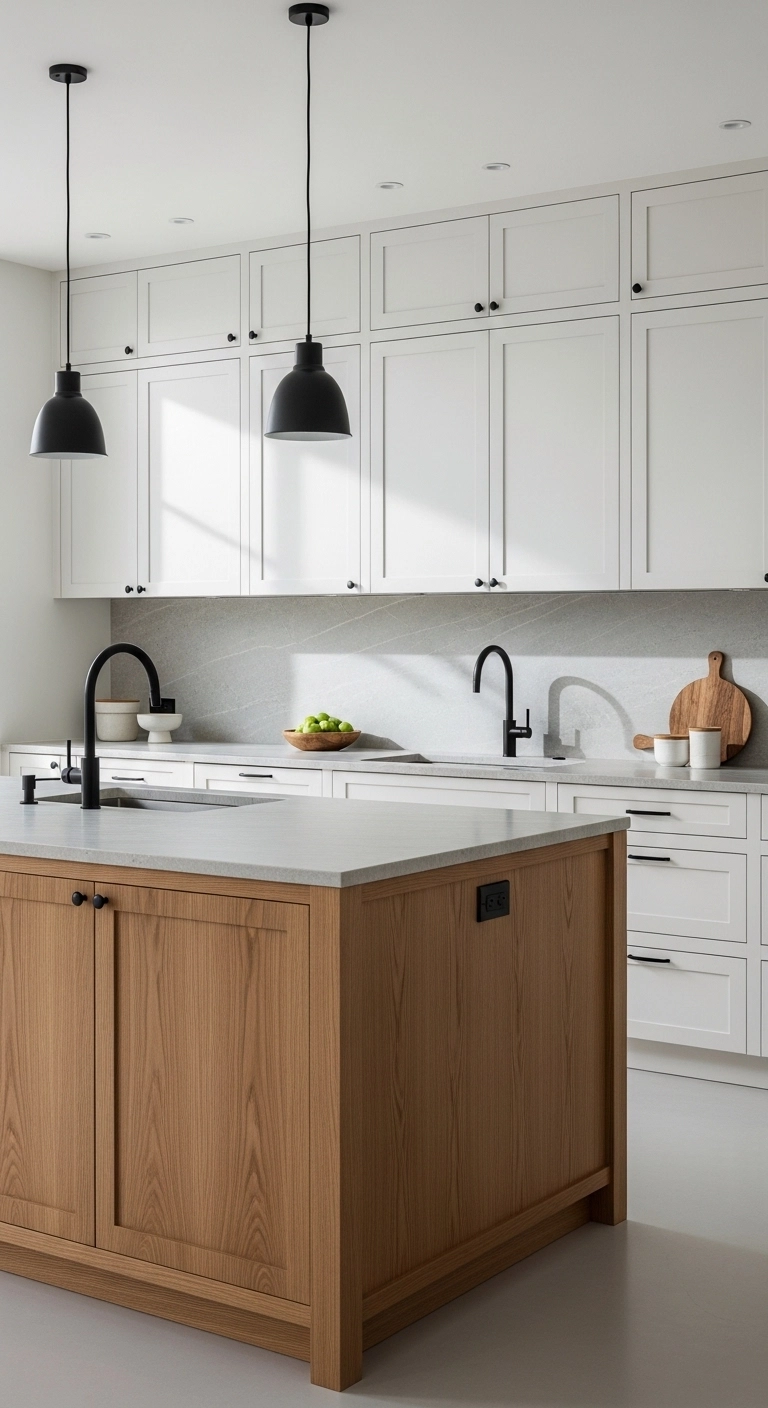 Island kitchen ideas with a warm wood island in a light modern kitchen