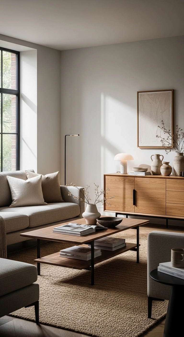 modern living room designs with warm wood furniture and natural textures