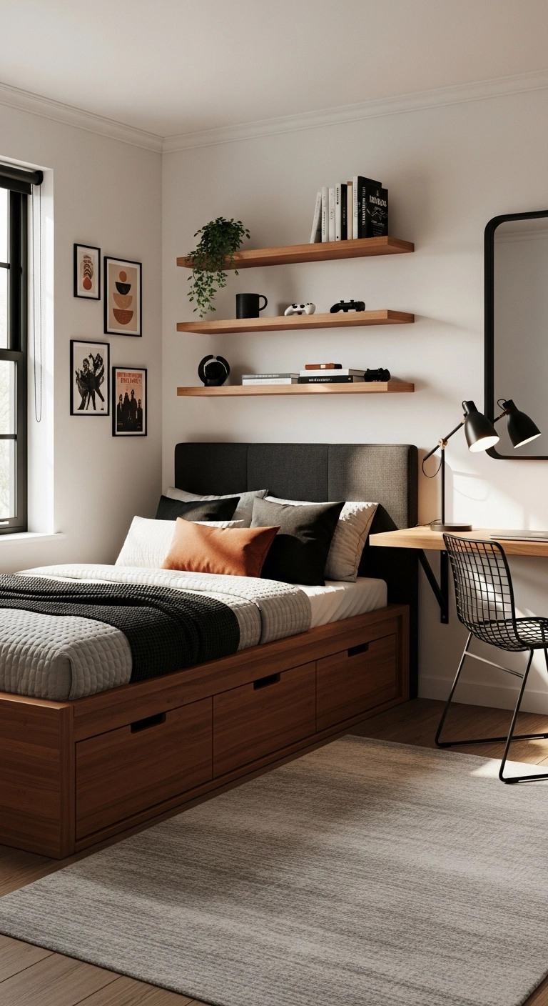 teenage boy bedroom ideas with warm wood furniture