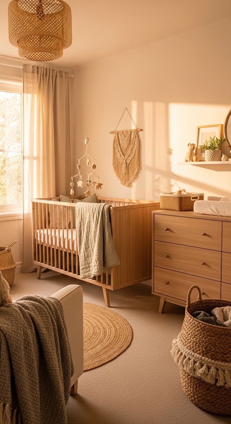 Baby nursery ideas using natural wood furniture for a warm cozy nursery look