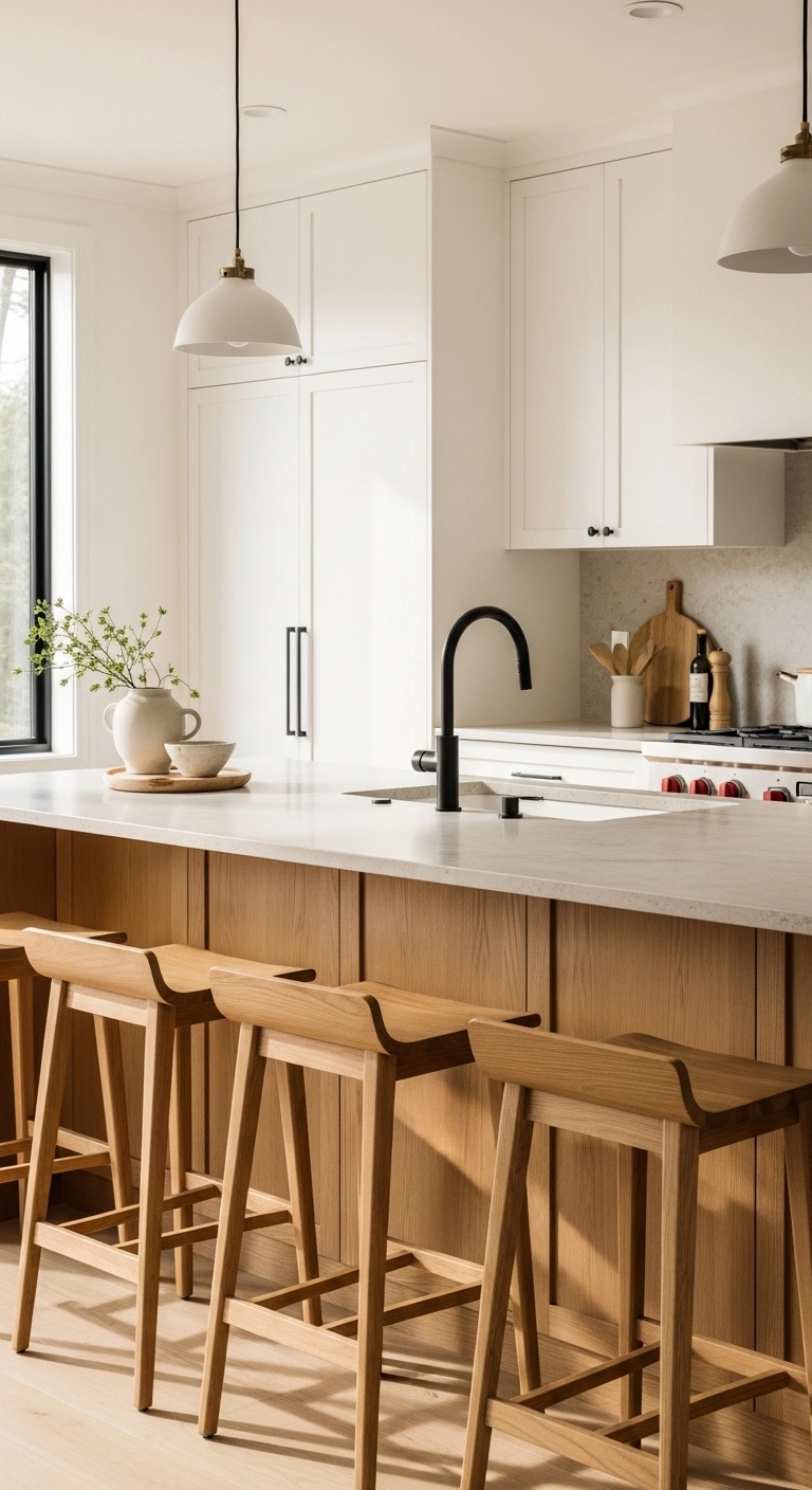 kitchen stool ideas with warm oak stools in a bright kitchen