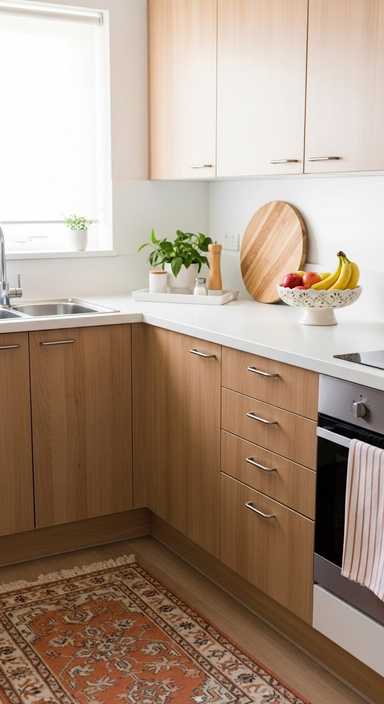 decorating a rental with a neat warm kitchen setup