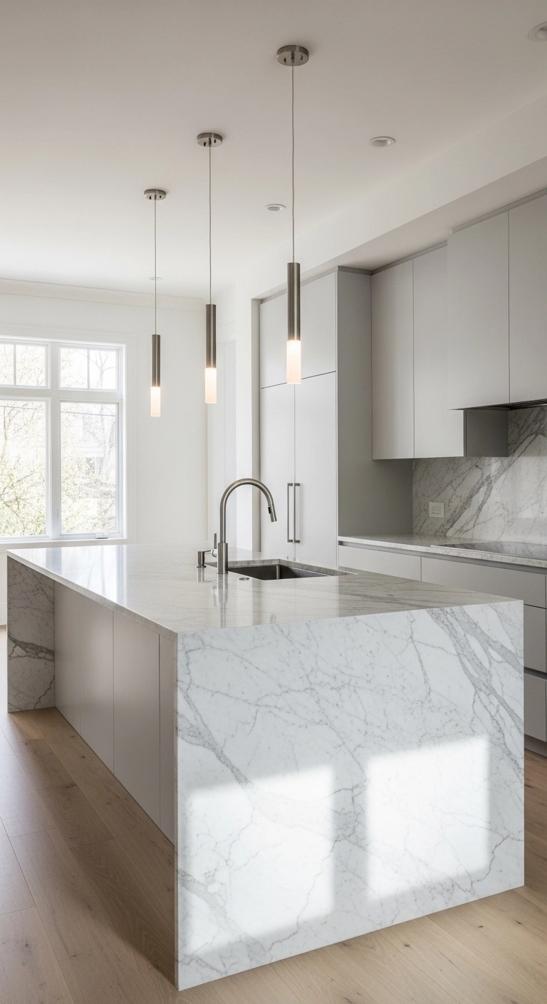 Island kitchen ideas with a white waterfall edge island in a clean modern kitchen