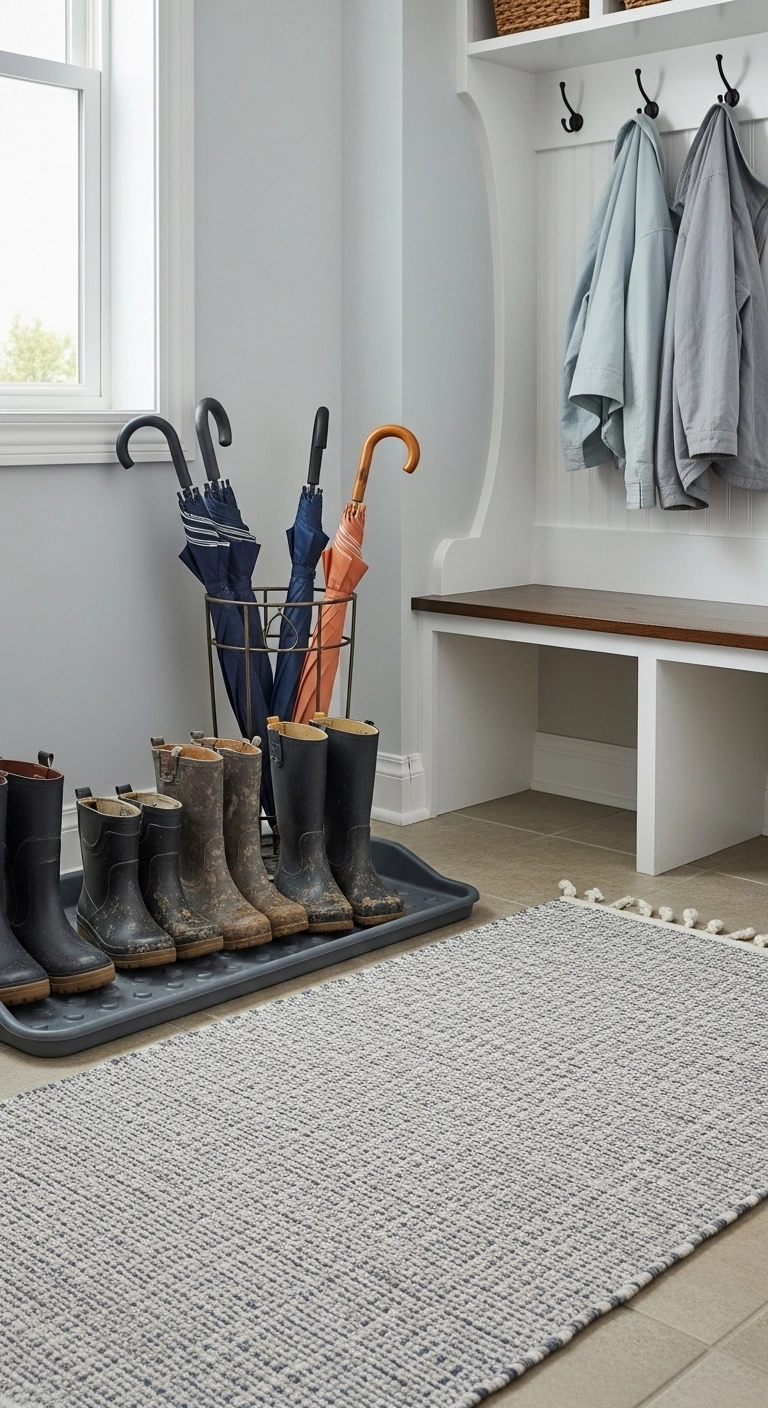 small mudroom ideas with a boot tray and washable rug