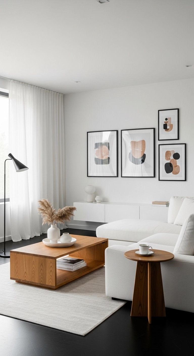 White living room ideas with subtle black accents and warm wood