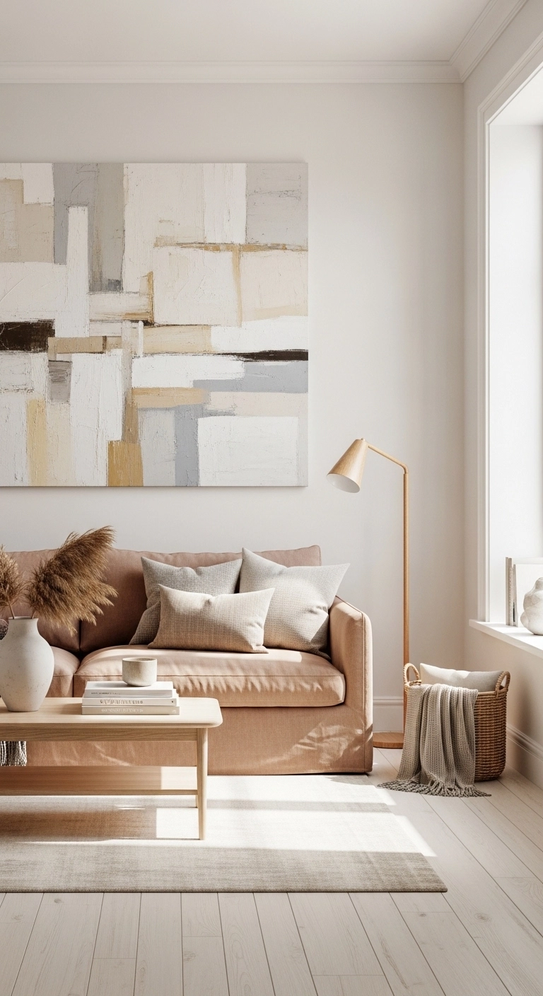 White living room ideas with large neutral art and soft textures