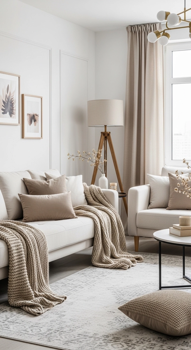 White living room ideas with beige, oatmeal, and cream accents