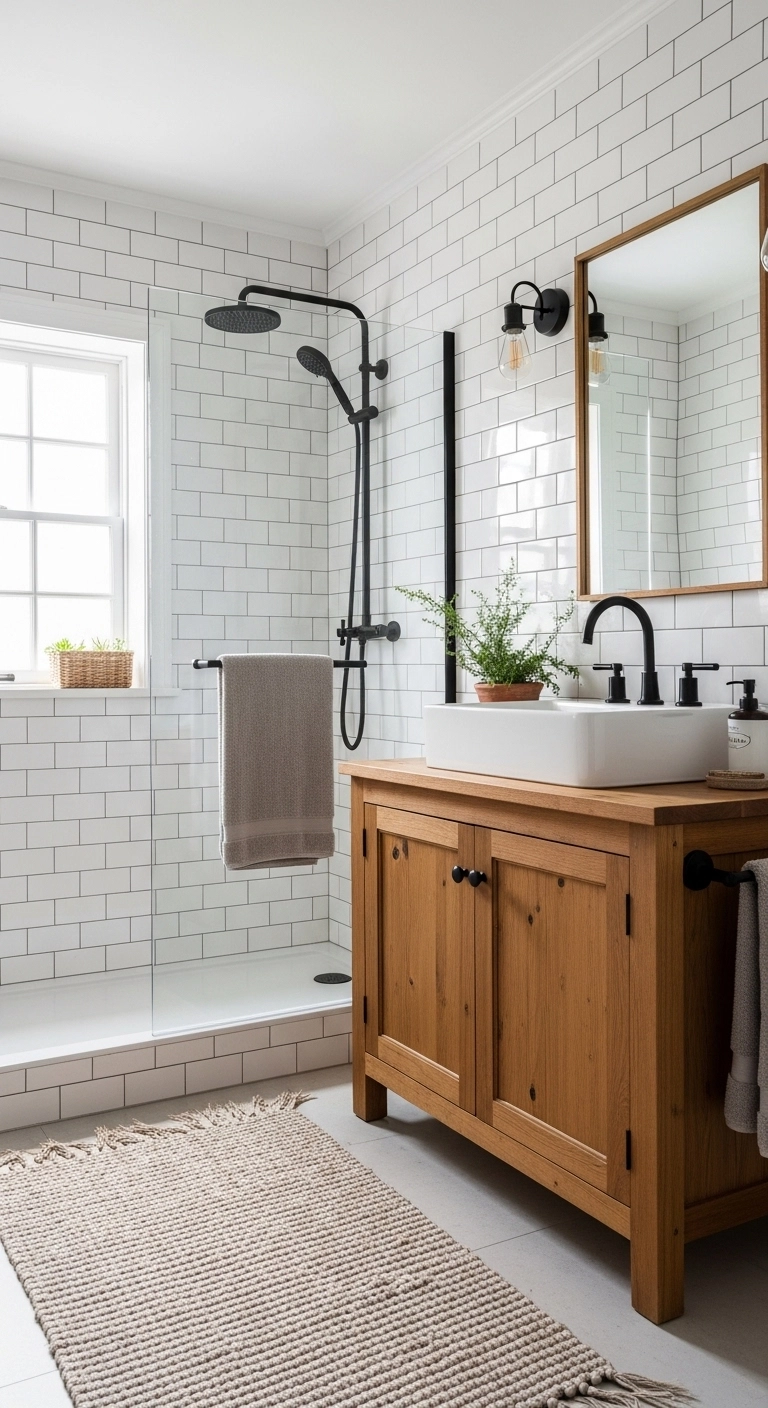 Farmhouse bathroom ideas with white subway tile and rustic wood details