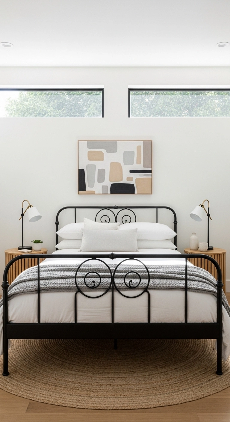 metal bed frame bedroom ideas with white walls and a decorative black frame