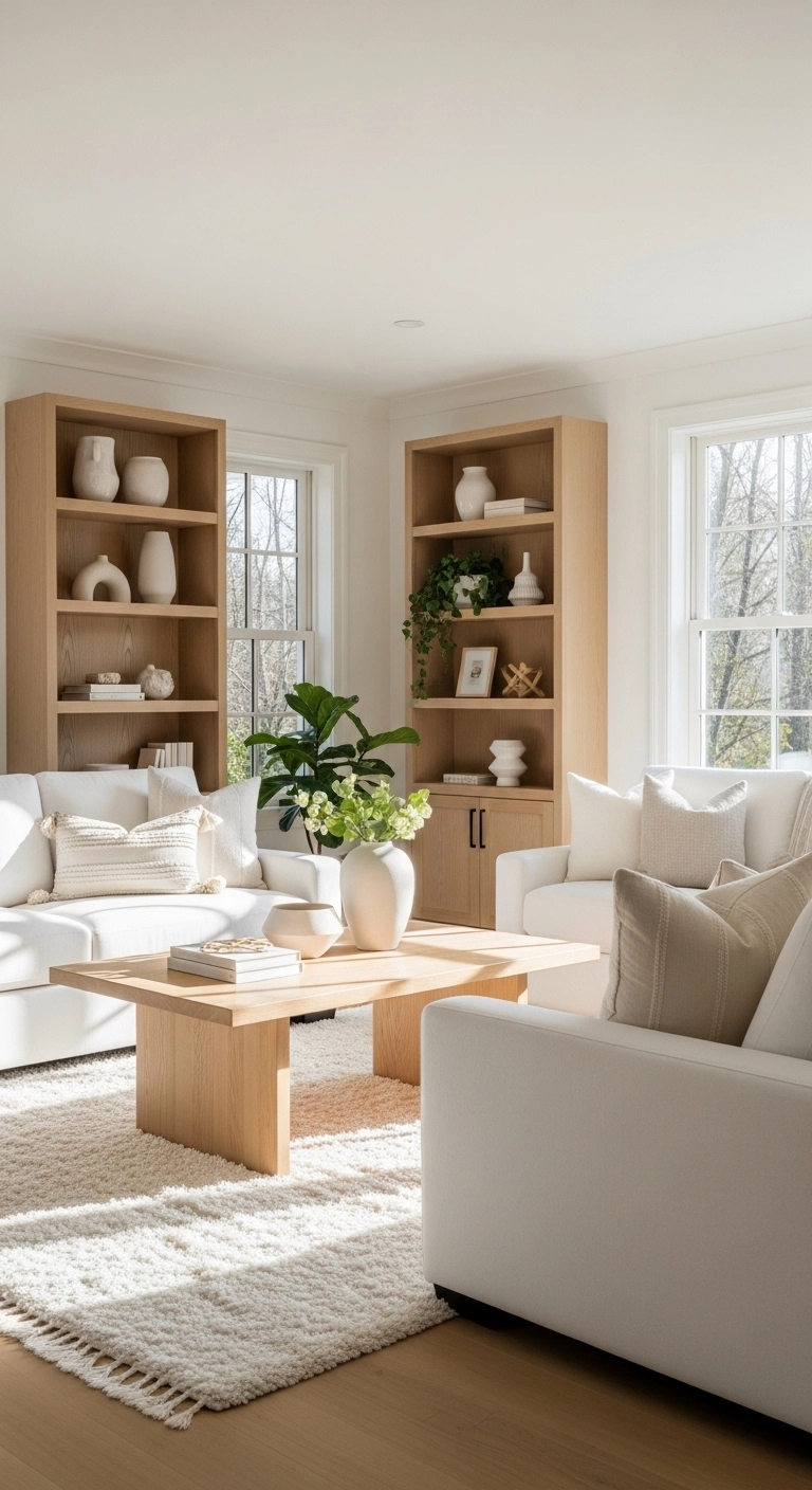 White living room ideas with light wood furniture and airy decor