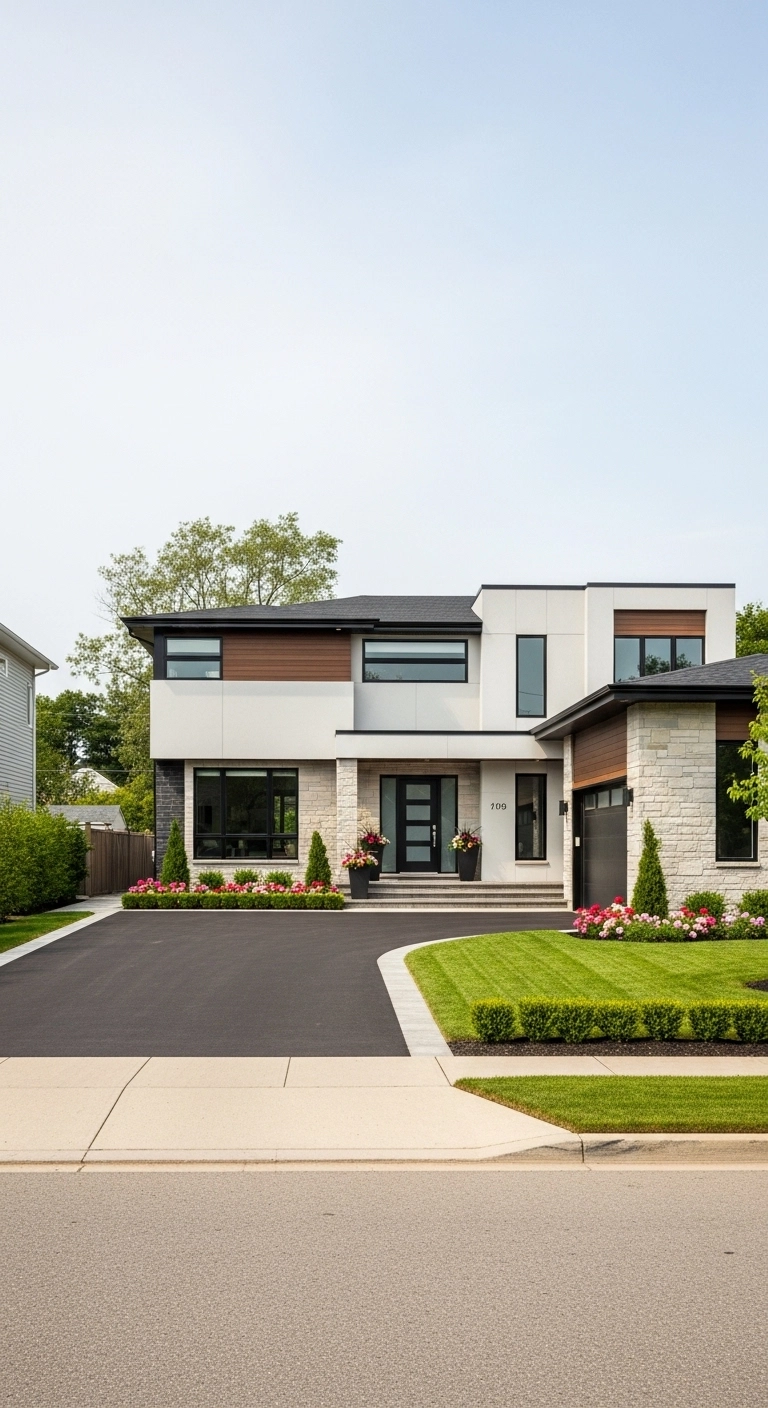 Asphalt driveway ideas with extra width near the garage for parking