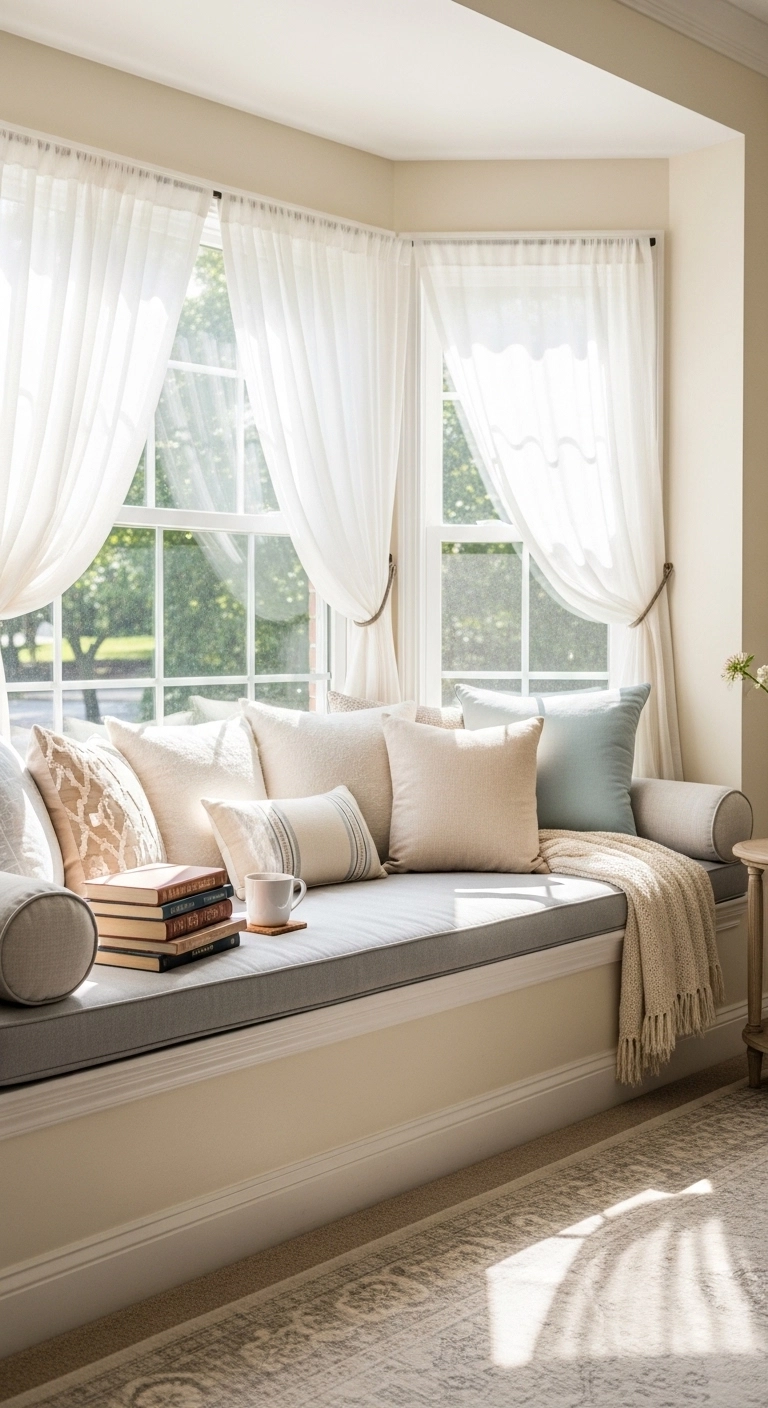 Library room ideas featuring a window seat reading nook with natural light