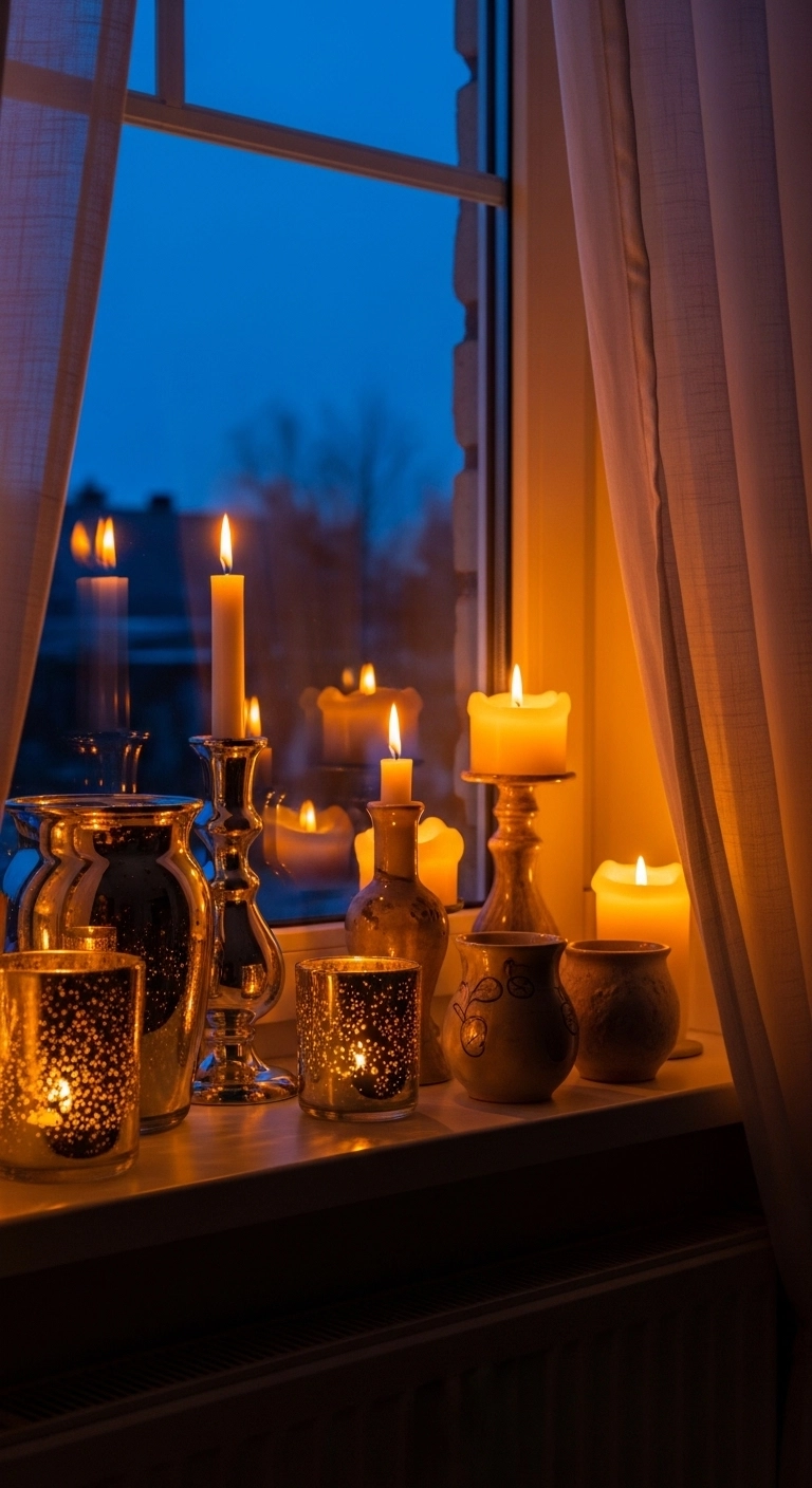 christmas candle decor ideas with candles glowing on a window sill