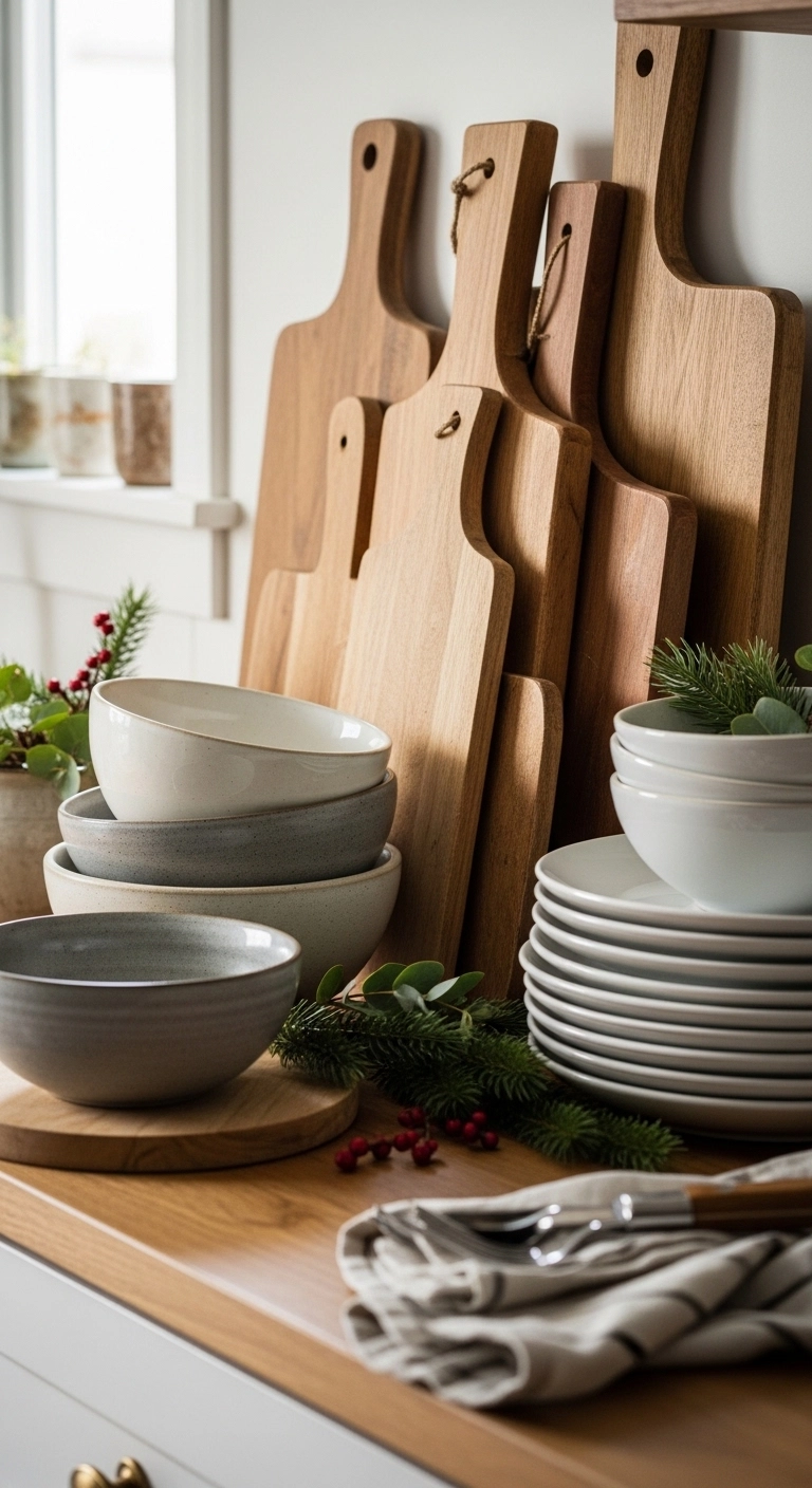 christmas kitchen decor ideas using wood boards and serving pieces