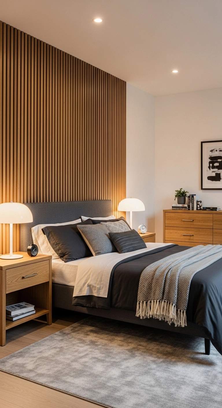 boys bedroom ideas with wood slat accent wall and warm modern decor