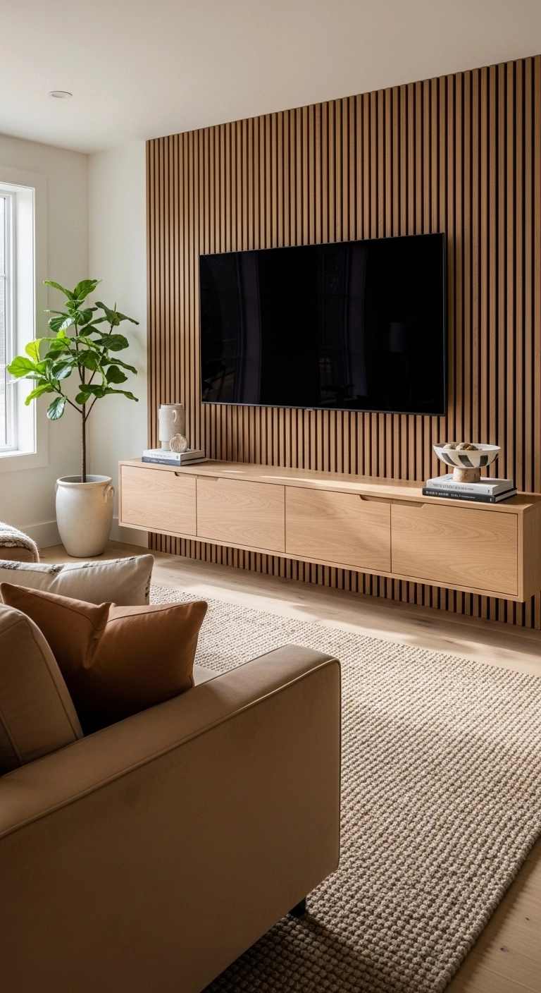 Media wall ideas with warm wood slats behind a mounted TV