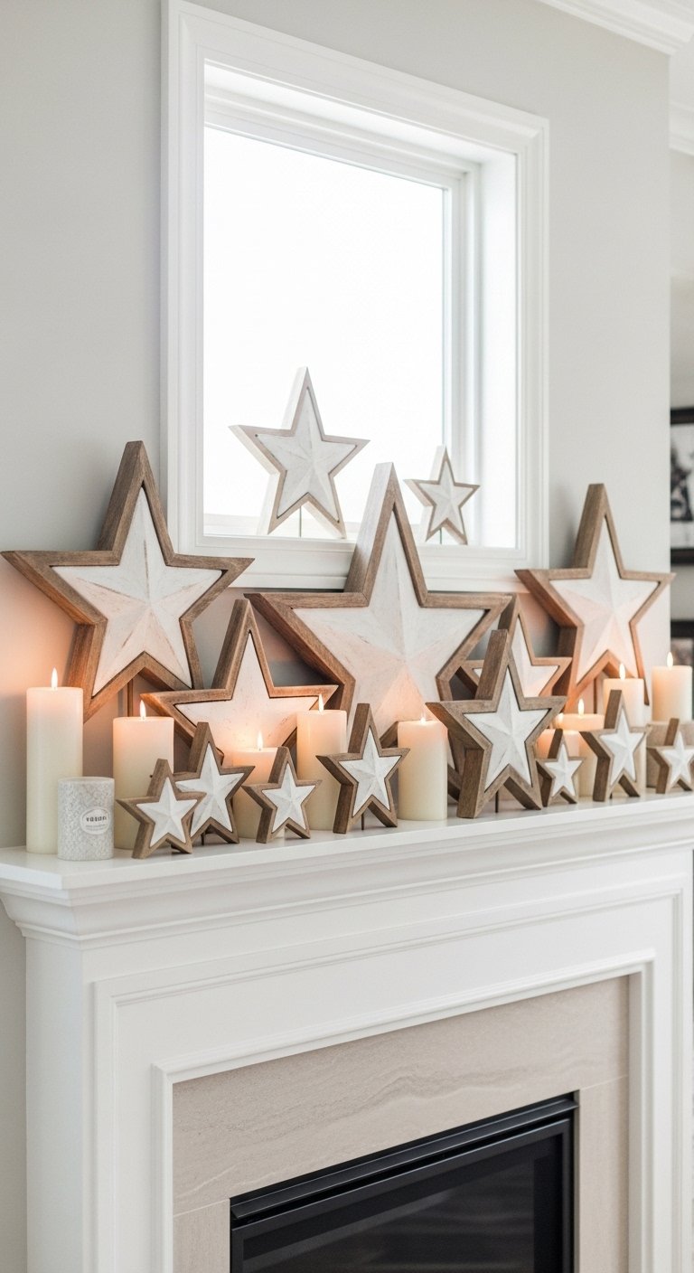 DIY 4th of July decorations with painted wooden stars on a living room mantel
