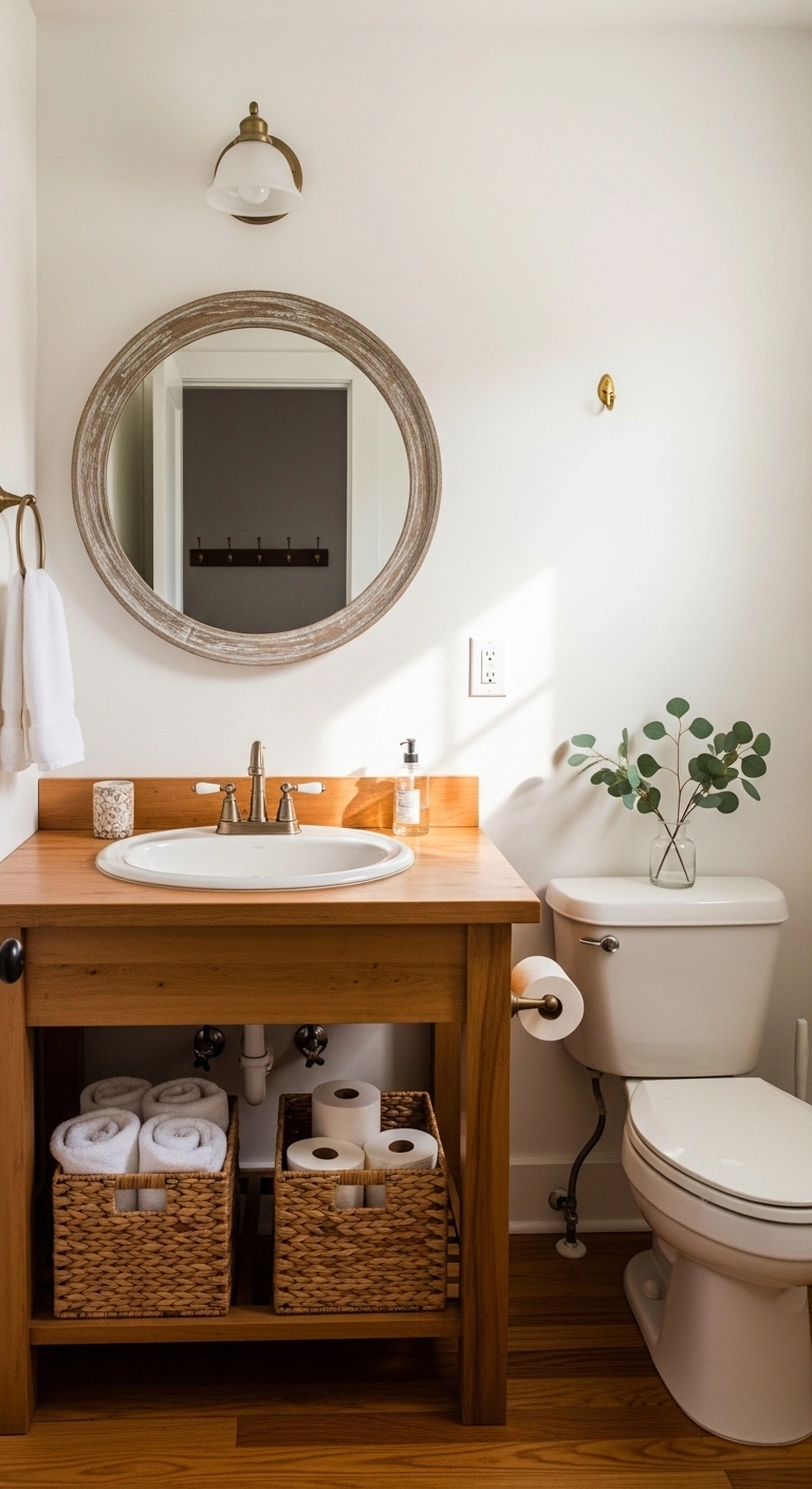Farmhouse bathroom ideas with woven baskets for warm and practical storage