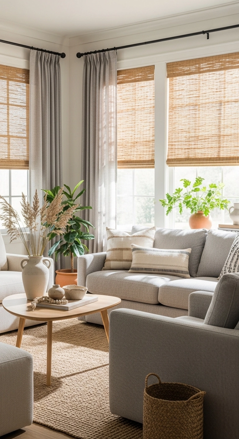 living room curtain ideas with woven shades and side curtain panels