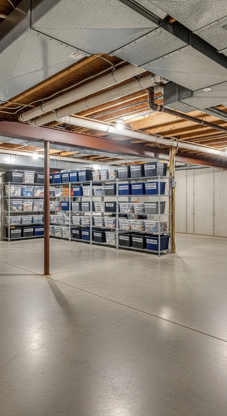 unfinished basement ideas with one clear storage zone and open floor space