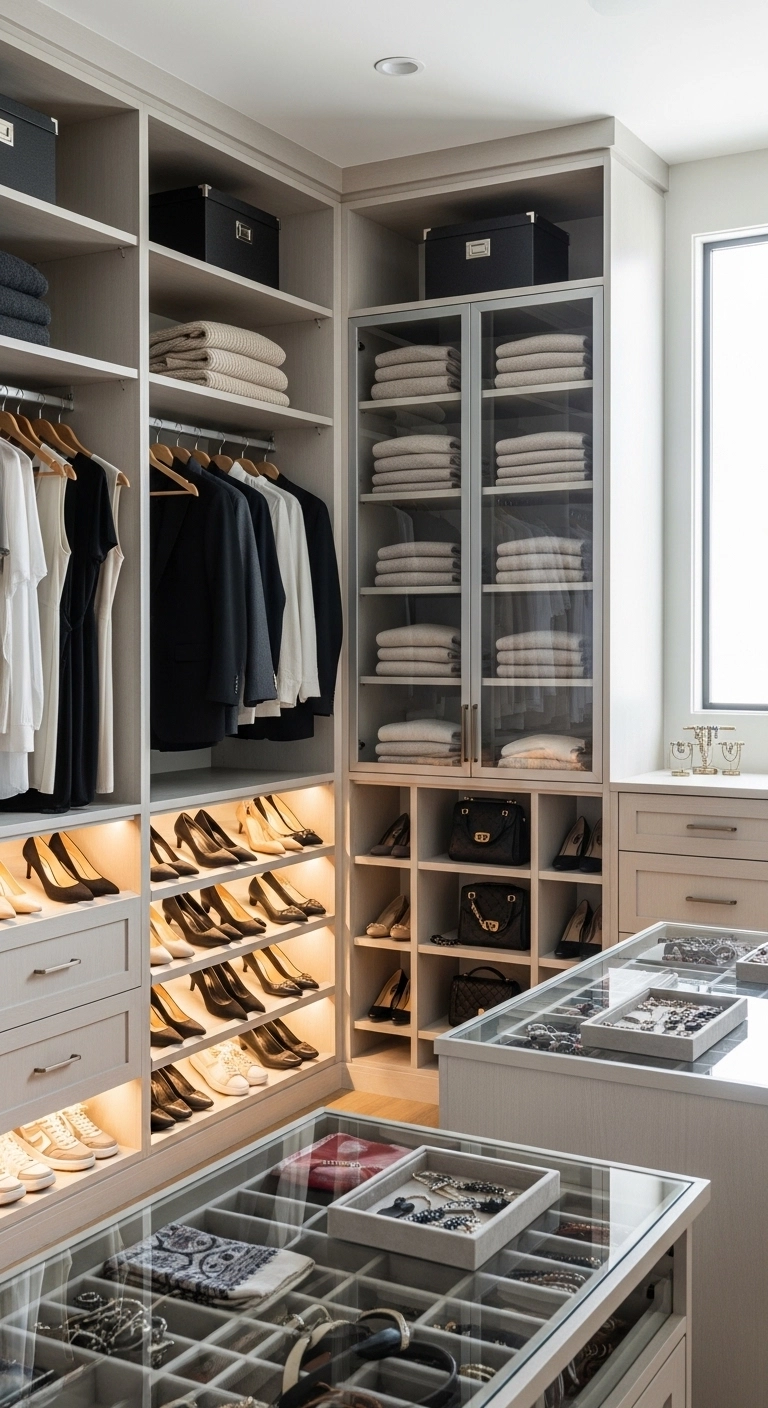 Walk in closet ideas with clear wardrobe zones, shelves, and hanging storage