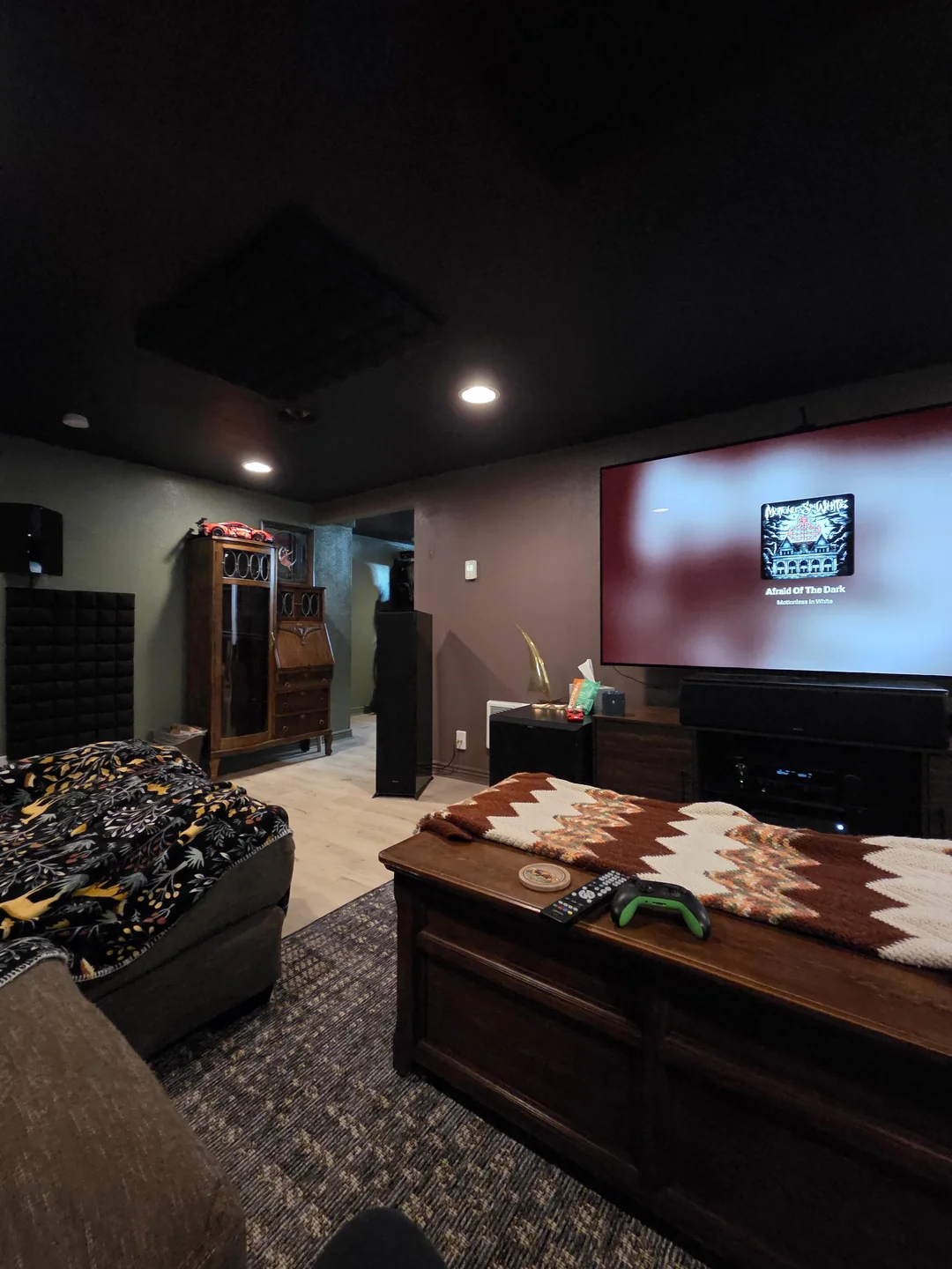 dark ceiling light walls living room
