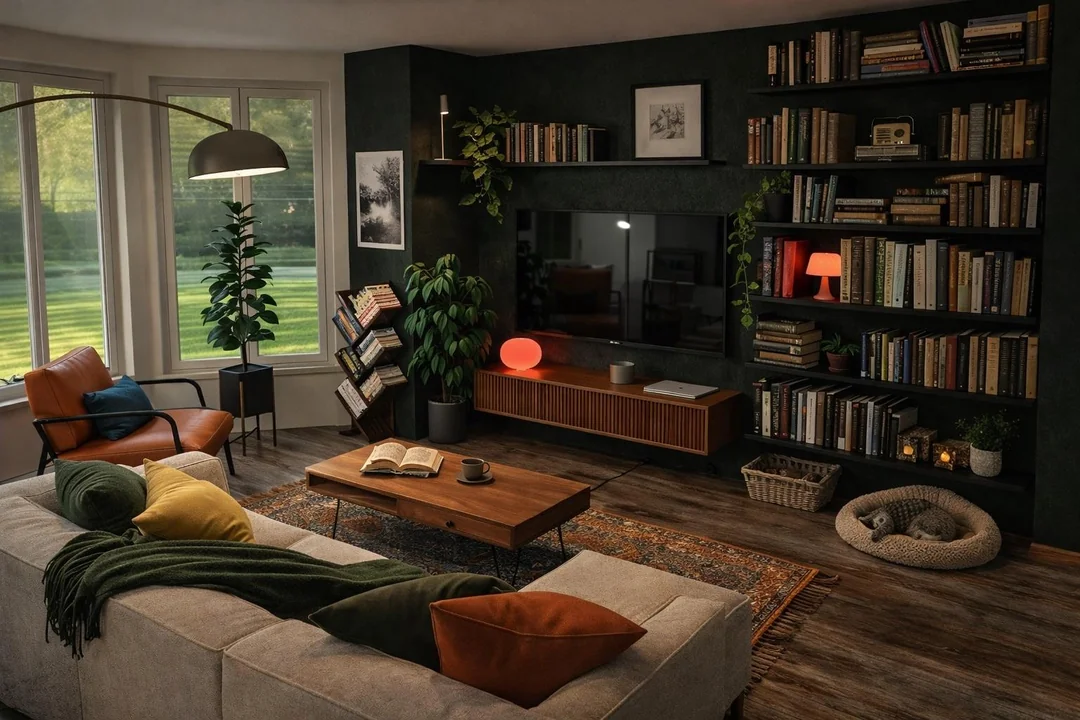 black shelves living room wall styling
