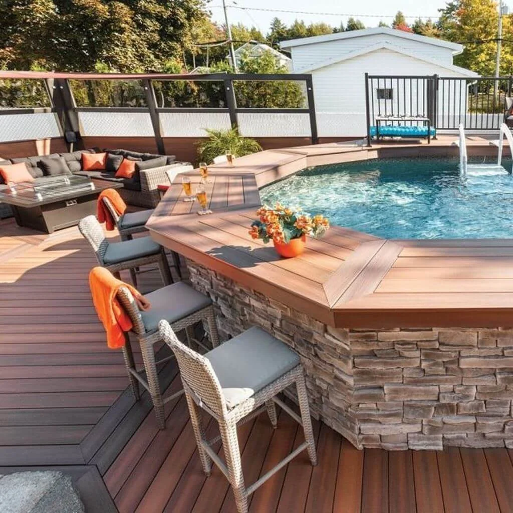 pool with wooden deck backyard
