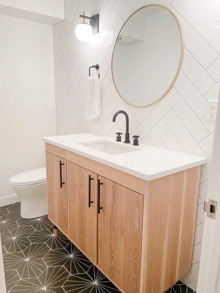 wood bathroom vanity with white sink