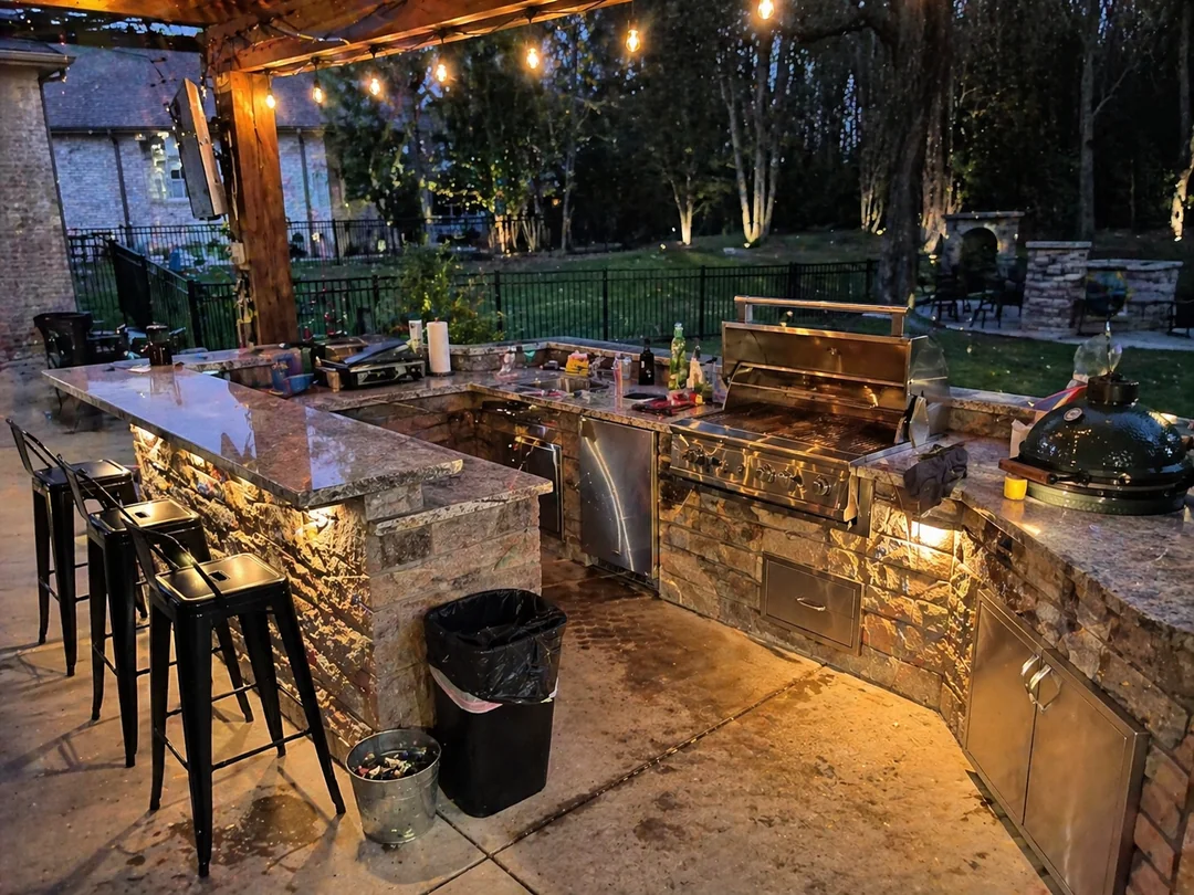 bbq patio string lights night setup
