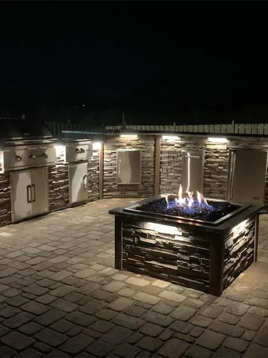 bbq patio lighting night backyard setup

