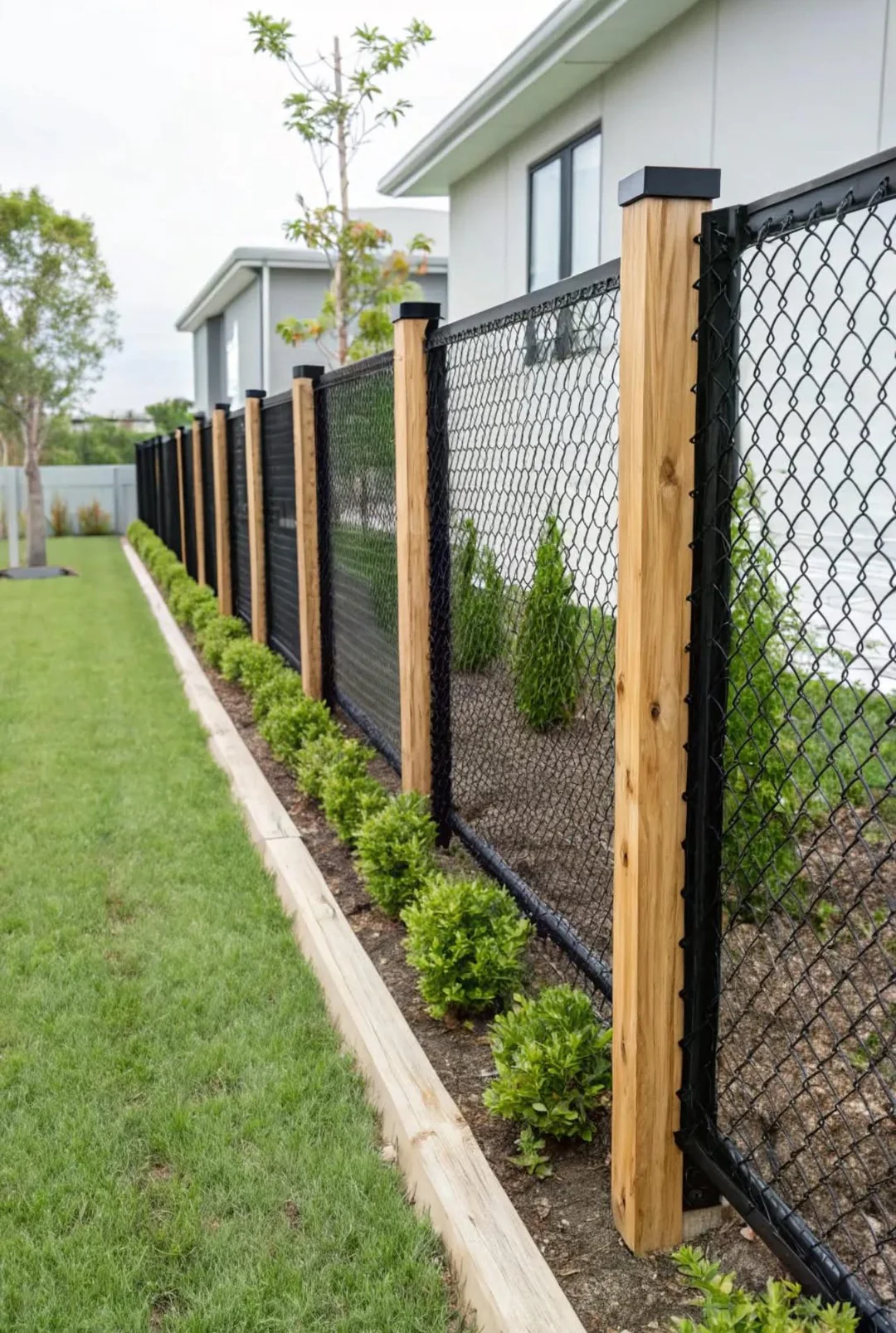 wood and metal fence modern backyard
