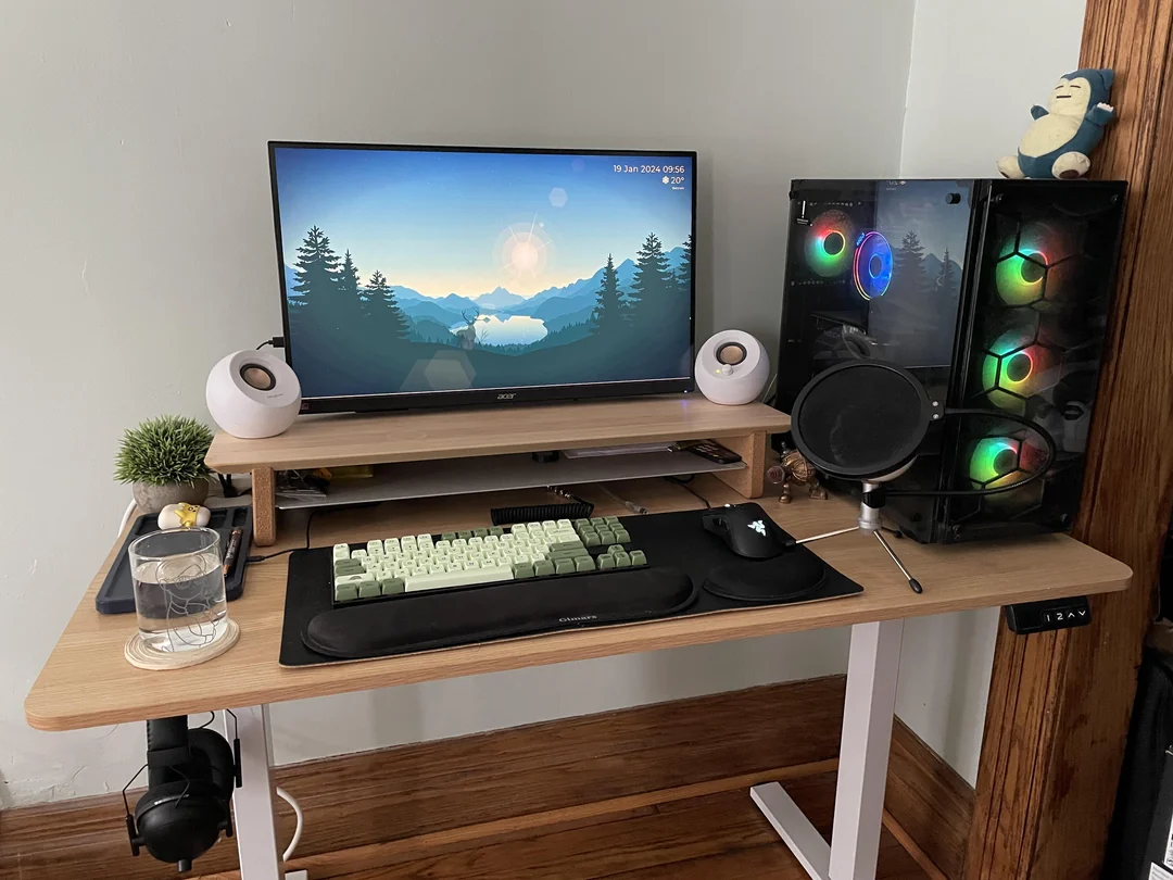 wood metal gaming desk setup
