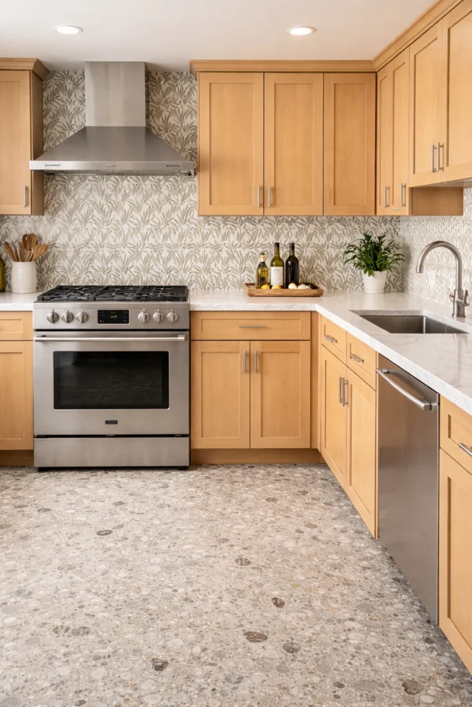 stone backsplash behind stove kitchen
