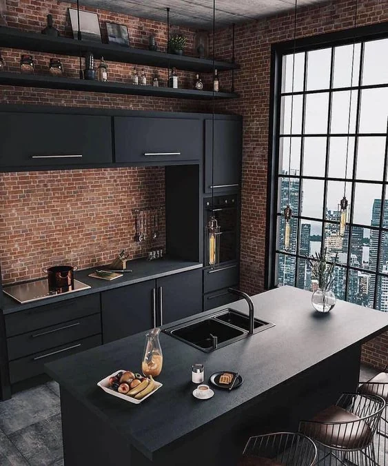 dark stone wall kitchen design

