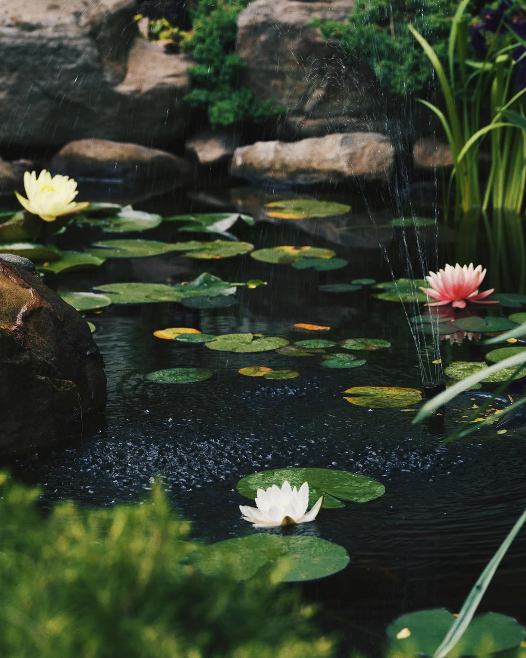 pond with water lilies and plants backyard
