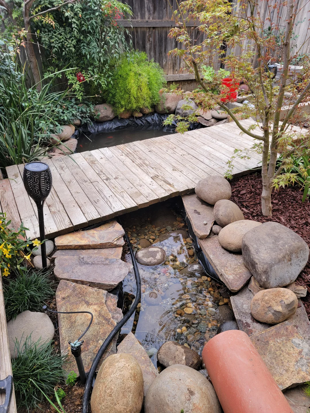 garden pond with small wooden bridge
