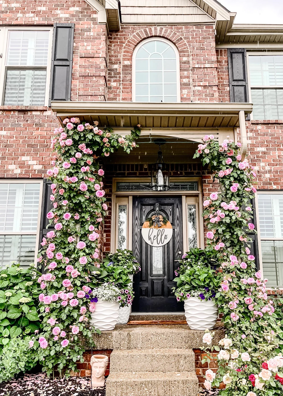 front door with climbing plants trellis entryway
