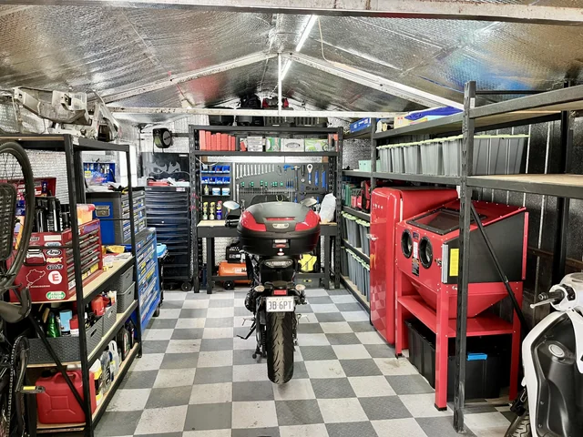 garage workshop divided areas setup
