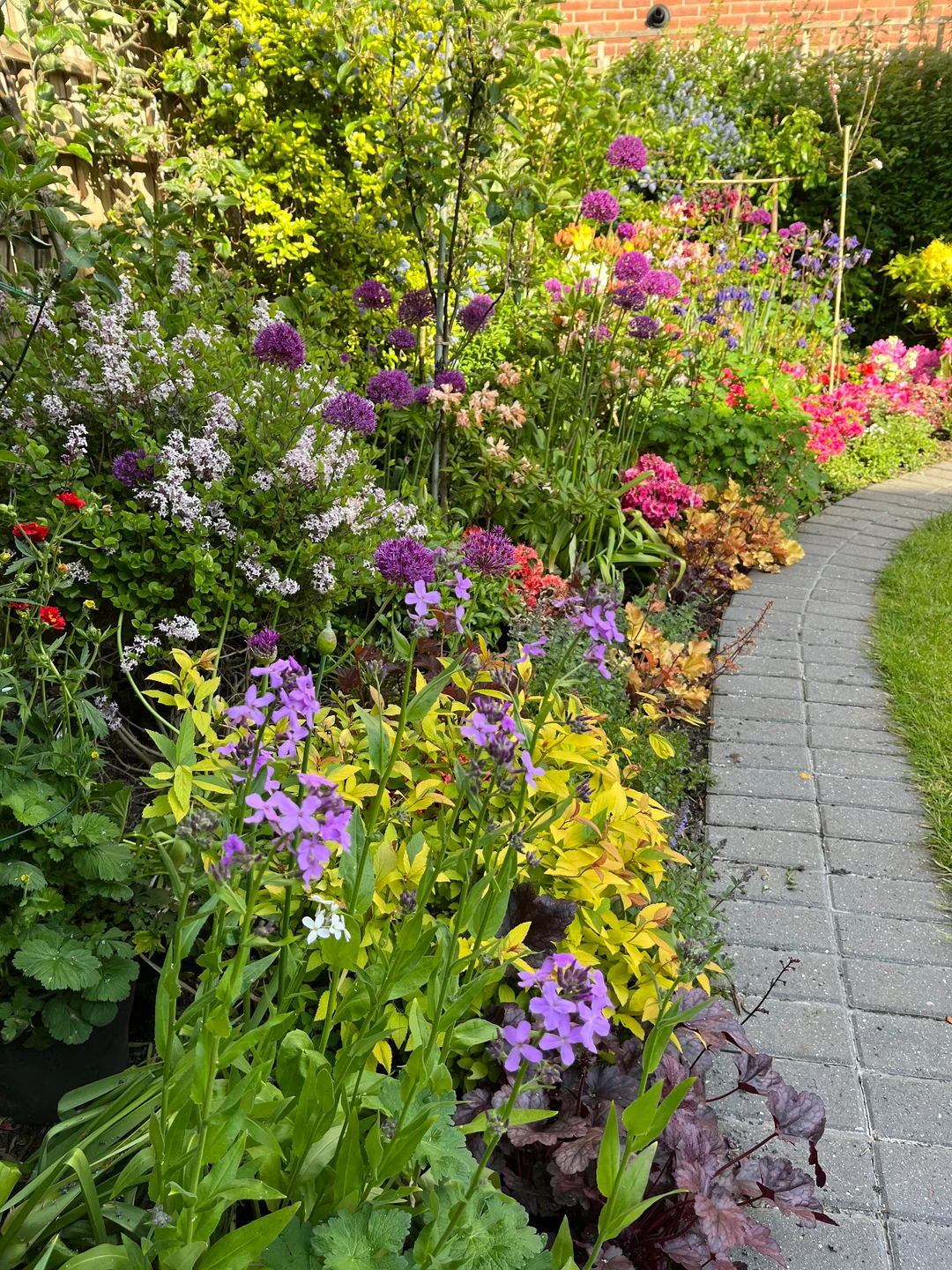 flower border garden along fence colorful flowers
